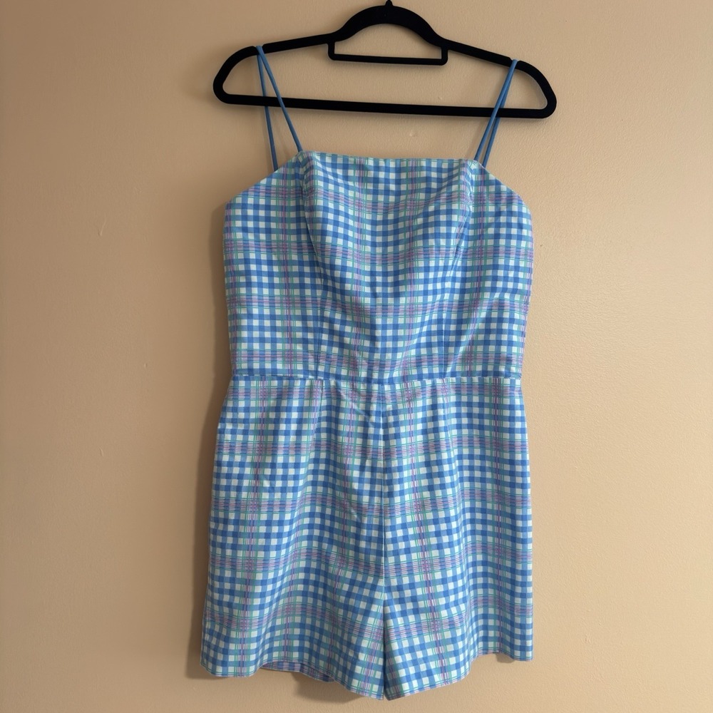 Vintage Sea Waves Blue Gingham Play Suit Romper Lined 14 USA Talon Zipper Beach